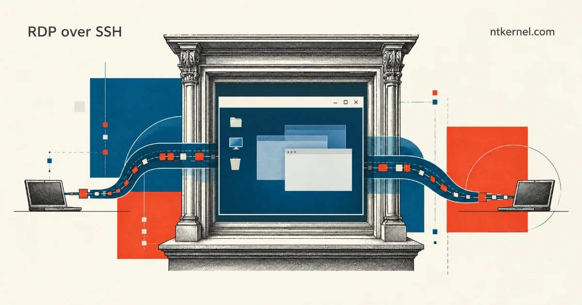 Architectural window cutout framing a desktop session carried inside an SSH path.