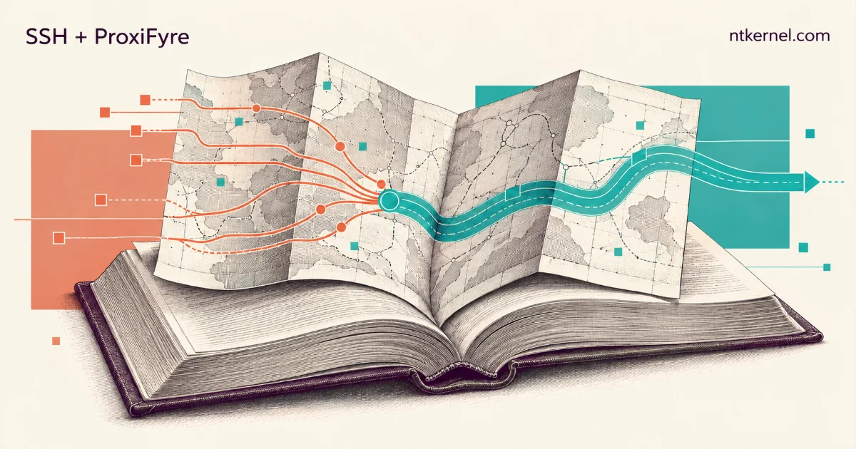 Open technical book and folded paper carrying a continuous SSH transport route.