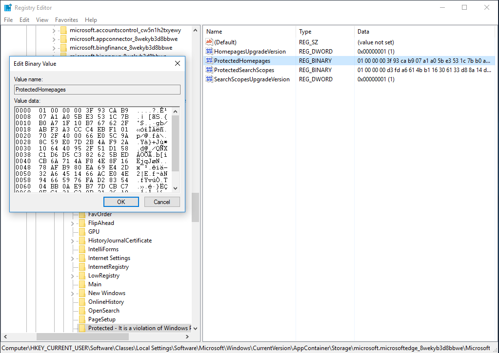 ProtectedHomepages in Windows Registry