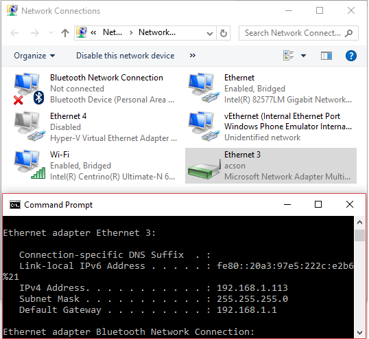 Windows built-in Network Bridge activated